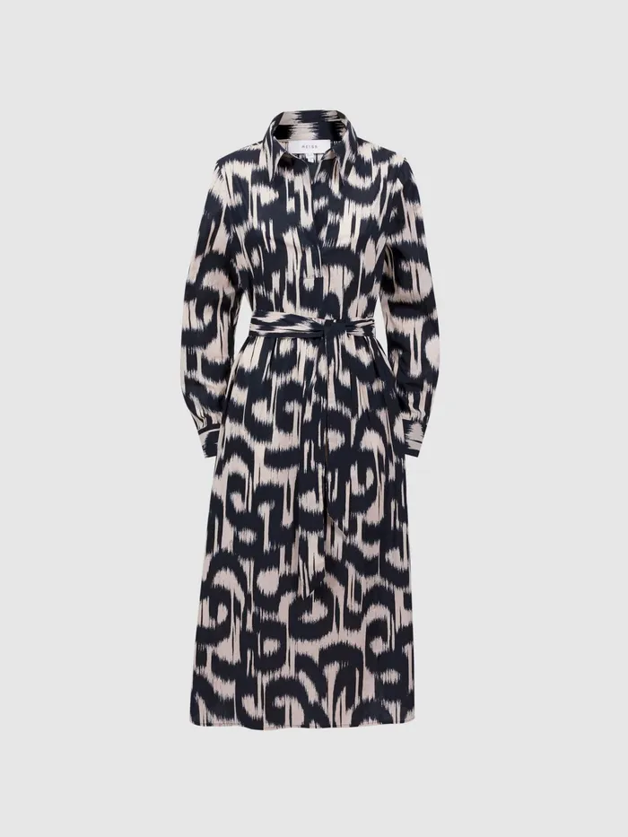Reiss Dresses Cleo Printed Belted Midi Dress Blackcream 8211 Women