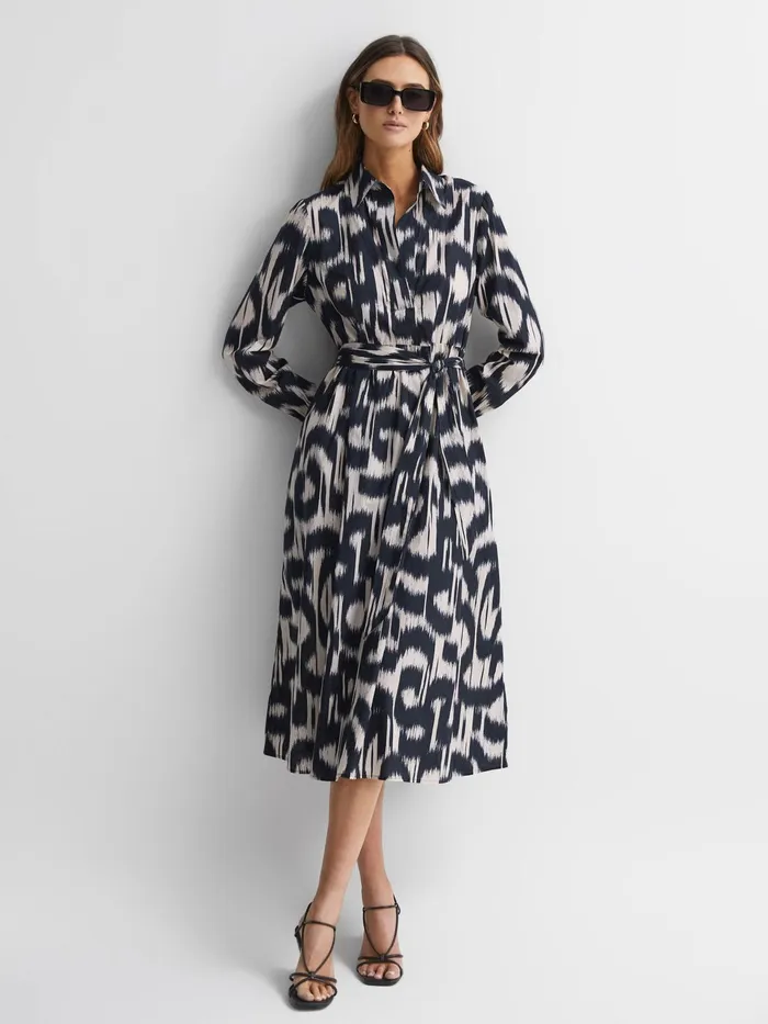Reiss Dresses Cleo Printed Belted Midi Dress Blackcream 8211 Women