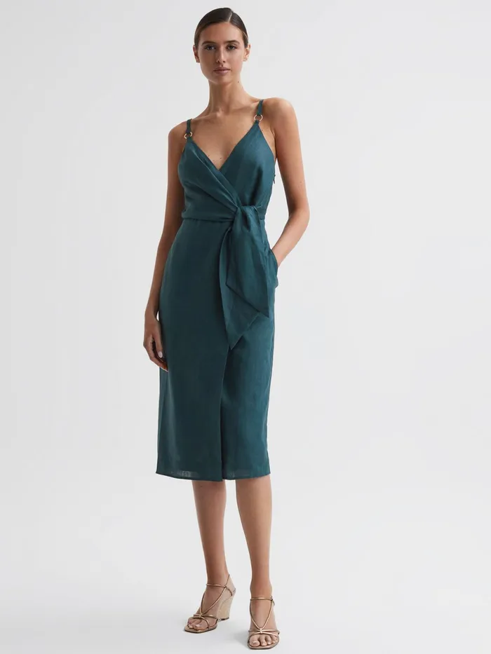 Reiss Dresses Elsie Linen Side Tie Midi Dress Dark Teal 8211 Women