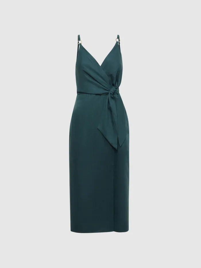 Reiss Dresses Elsie Linen Side Tie Midi Dress Dark Teal 8211 Women