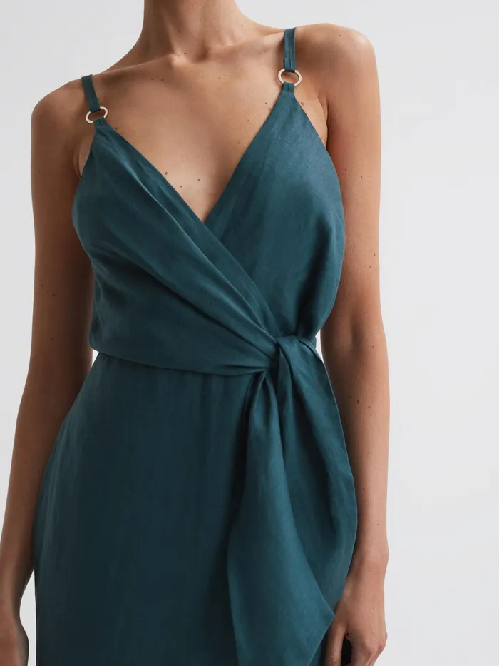 Reiss Dresses Elsie Linen Side Tie Midi Dress Dark Teal 8211 Women