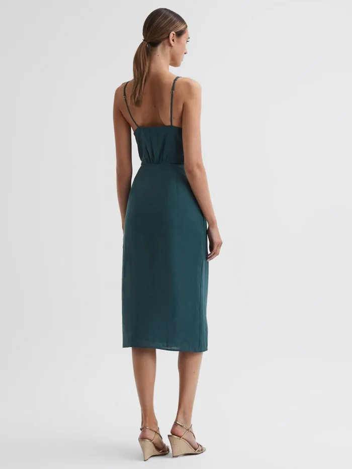 Reiss Dresses Elsie Linen Side Tie Midi Dress Dark Teal 8211 Women