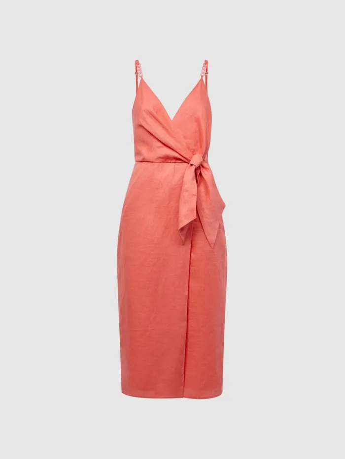 Reiss Dresses Esme Linen Side Tie Midi Dress Coral 8211 Women