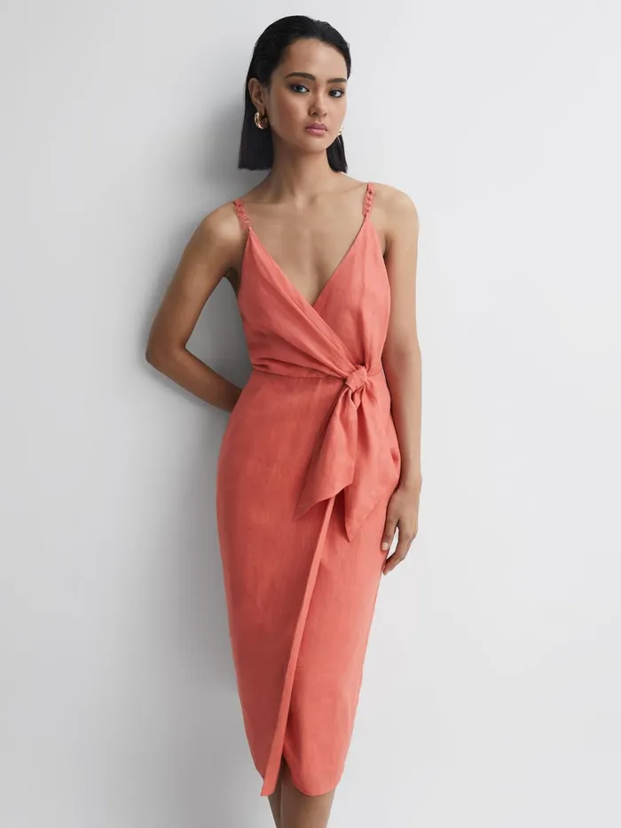 Reiss Dresses Esme Linen Side Tie Midi Dress Coral 8211 Women