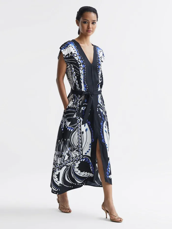 Reiss Dresses Freja Scarf Printed Midi Dress Navywhite 8211 Women