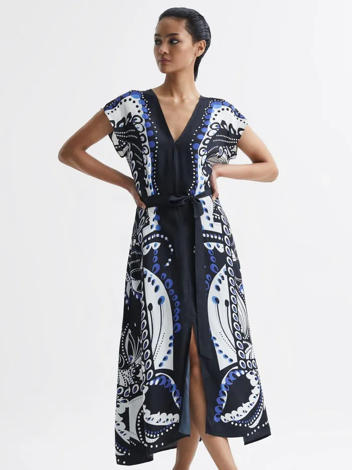 Reiss Dresses Freja Scarf Printed Midi Dress Navywhite 8211 Women