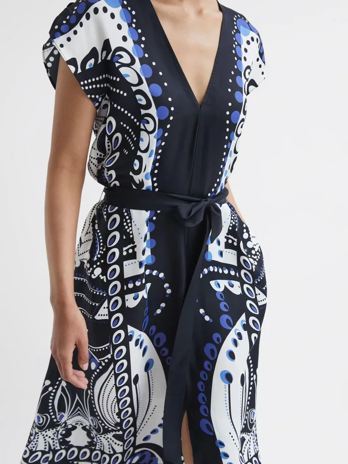 Reiss Dresses Freja Scarf Printed Midi Dress Navywhite 8211 Women