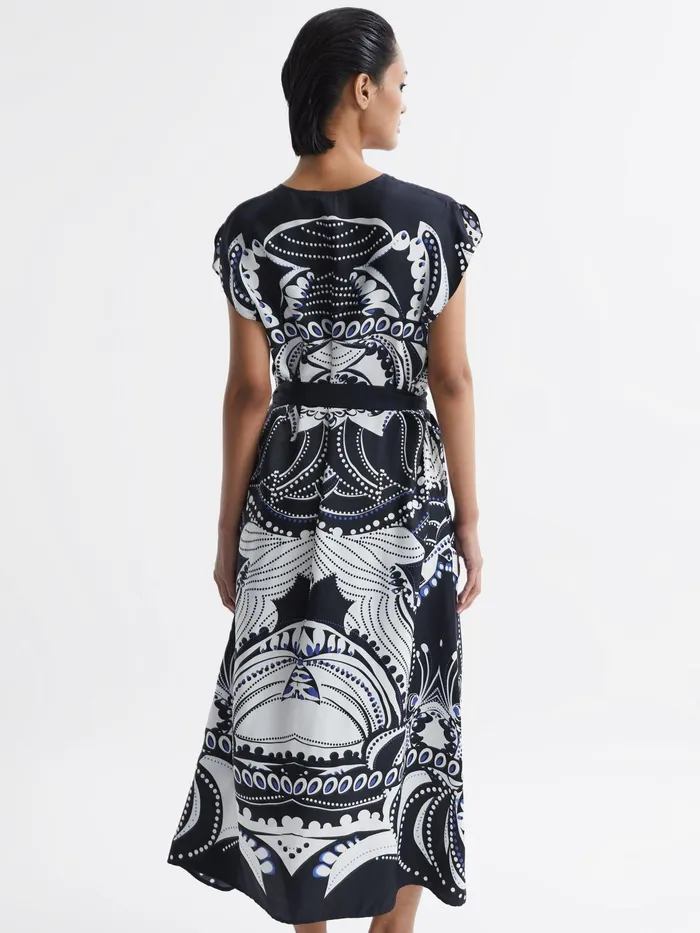 Reiss Dresses Freja Scarf Printed Midi Dress Navywhite 8211 Women