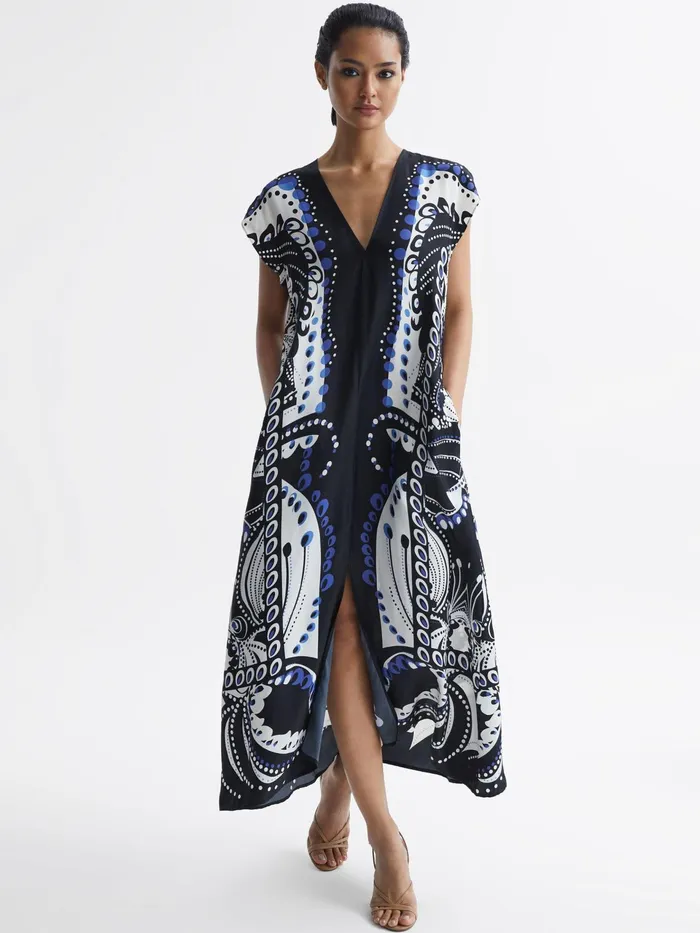 Reiss Dresses Freja Scarf Printed Midi Dress Navywhite 8211 Women