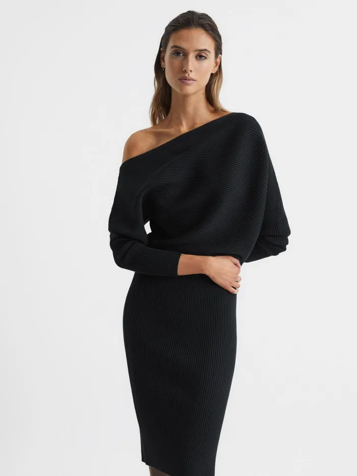 Reiss Dresses Lara OffShoulder Ribbed Dress Black 8211 Women