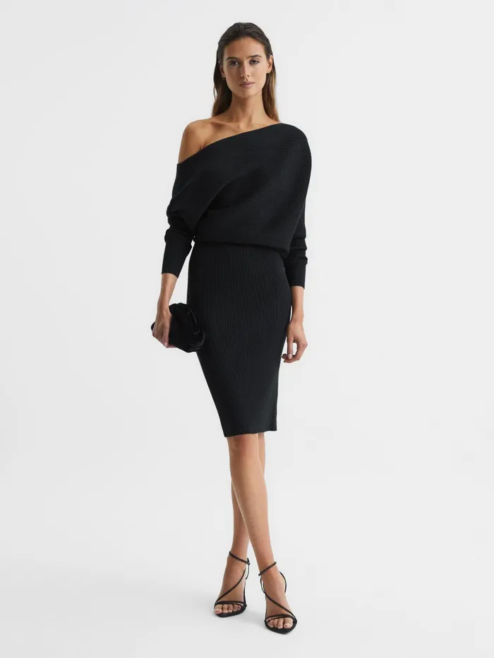 Reiss Dresses Lara OffShoulder Ribbed Dress Black 8211 Women