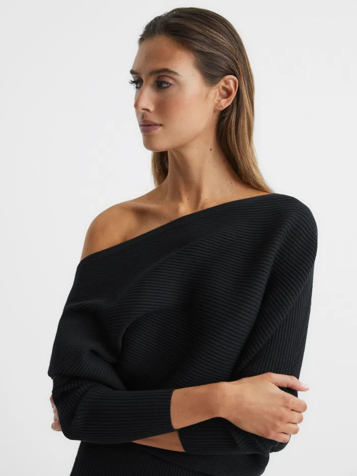 Reiss Dresses Lara OffShoulder Ribbed Dress Black 8211 Women