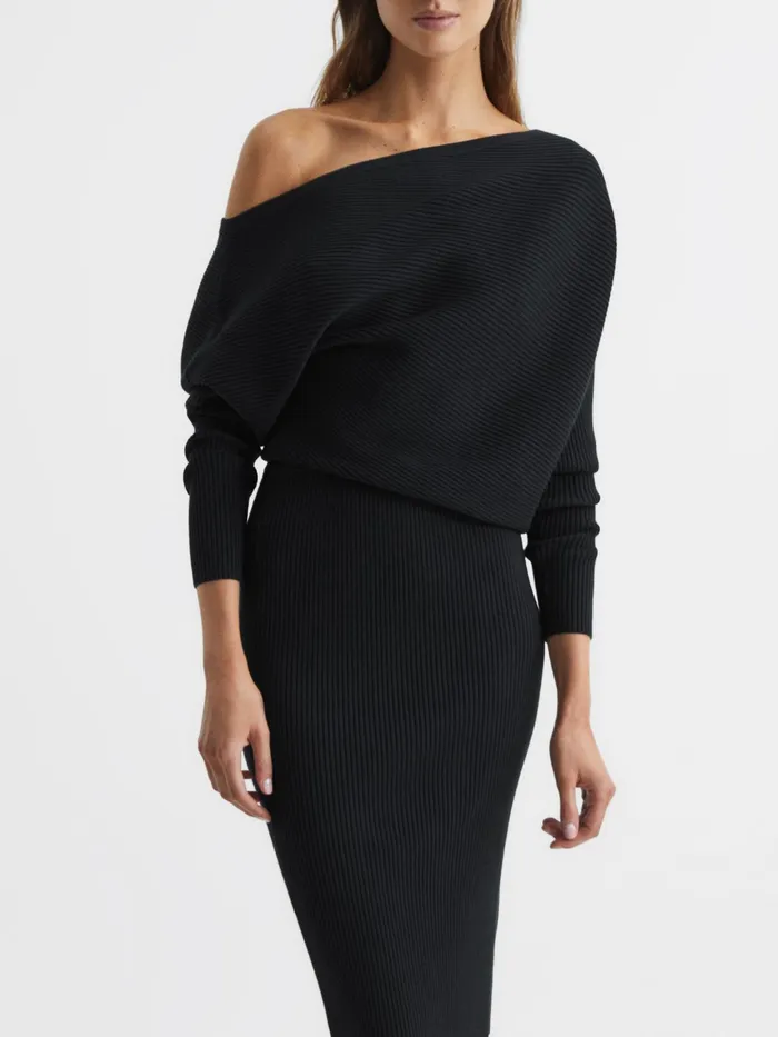 Reiss Dresses Lara OffShoulder Ribbed Dress Black 8211 Women