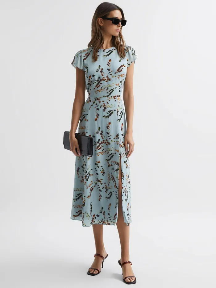 Reiss Dresses Livia Printed Cut Out Back Midi Dress Blue 8211 Women