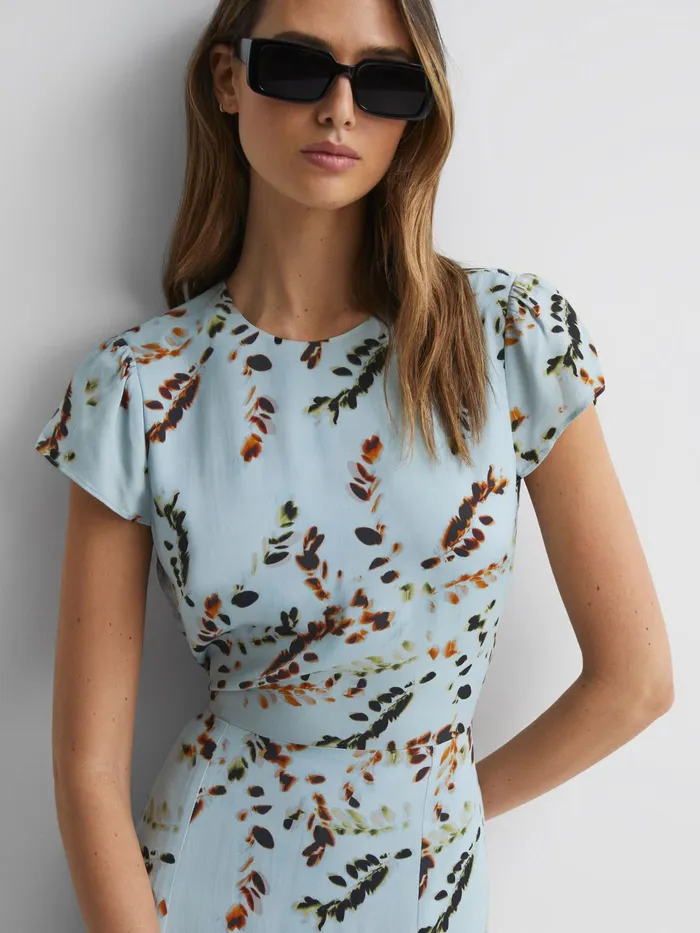 Reiss Dresses Livia Printed Cut Out Back Midi Dress Blue 8211 Women