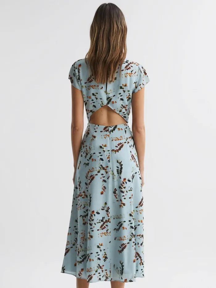 Reiss Dresses Livia Printed Cut Out Back Midi Dress Blue 8211 Women