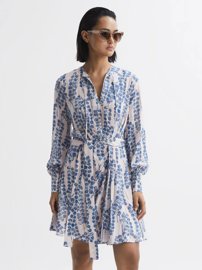 Reiss Dresses Marnie Printed Belted Long Sleeve Mini Dress Pinkblue 8211 Women