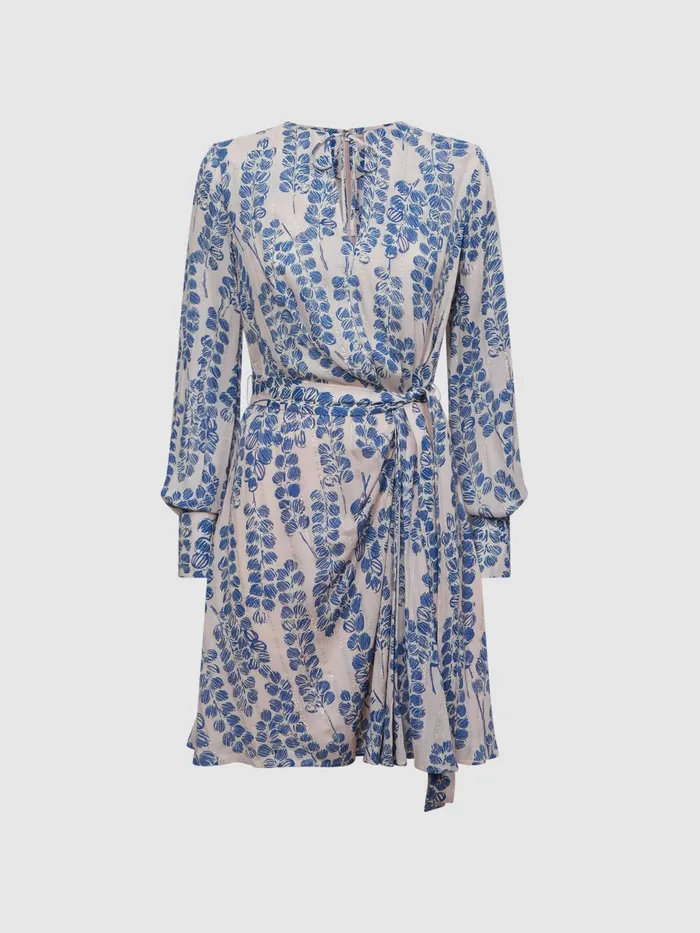 Reiss Dresses Marnie Printed Belted Long Sleeve Mini Dress Pinkblue 8211 Women