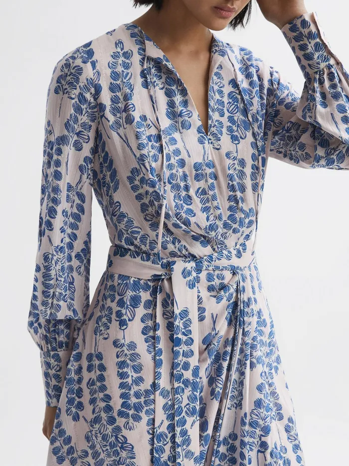Reiss Dresses Marnie Printed Belted Long Sleeve Mini Dress Pinkblue 8211 Women