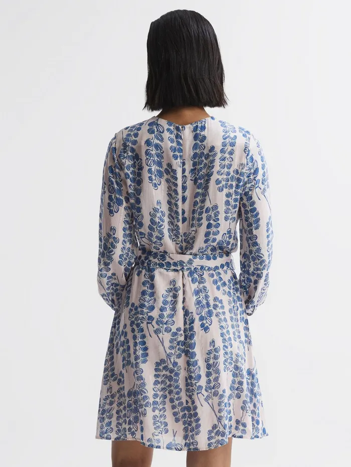 Reiss Dresses Marnie Printed Belted Long Sleeve Mini Dress Pinkblue 8211 Women
