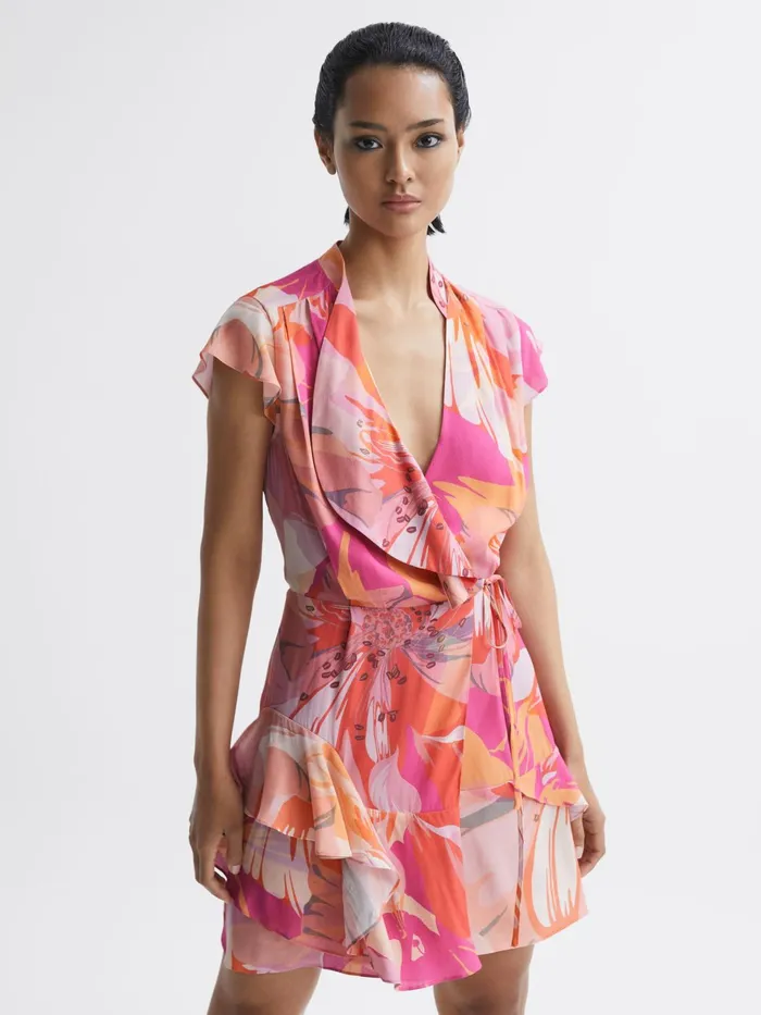 Reiss Dresses Marseille Tropical Print Layered Mini Dress Pinkcoral 8211 Women
