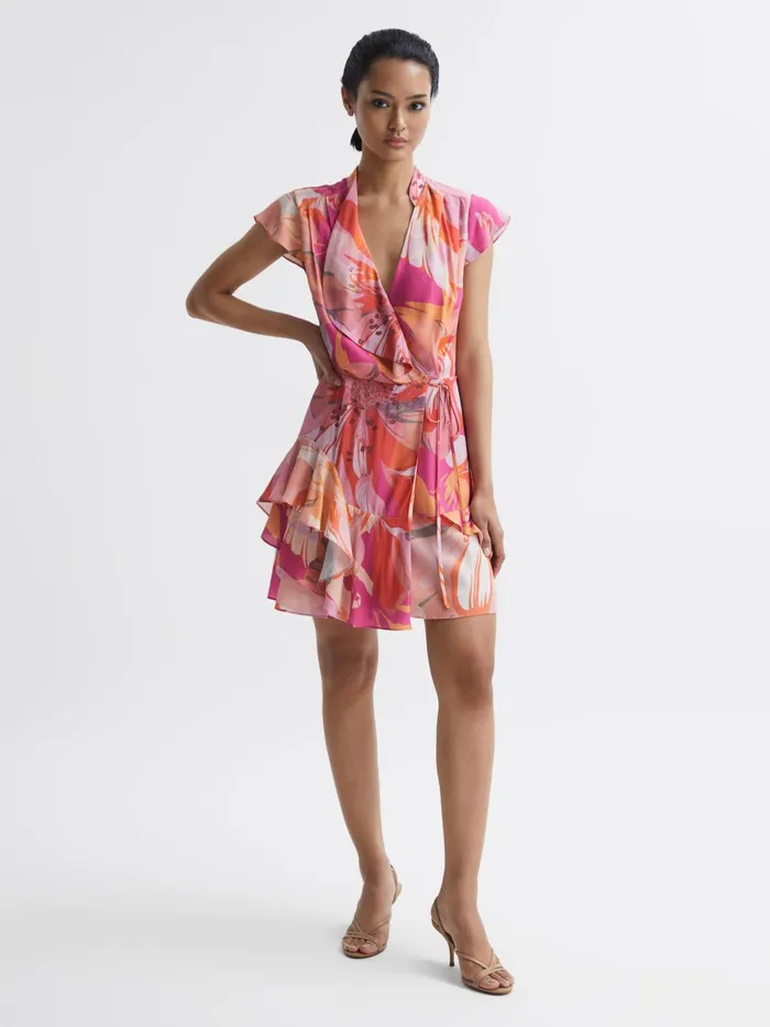 Reiss Dresses Marseille Tropical Print Layered Mini Dress Pinkcoral 8211 Women