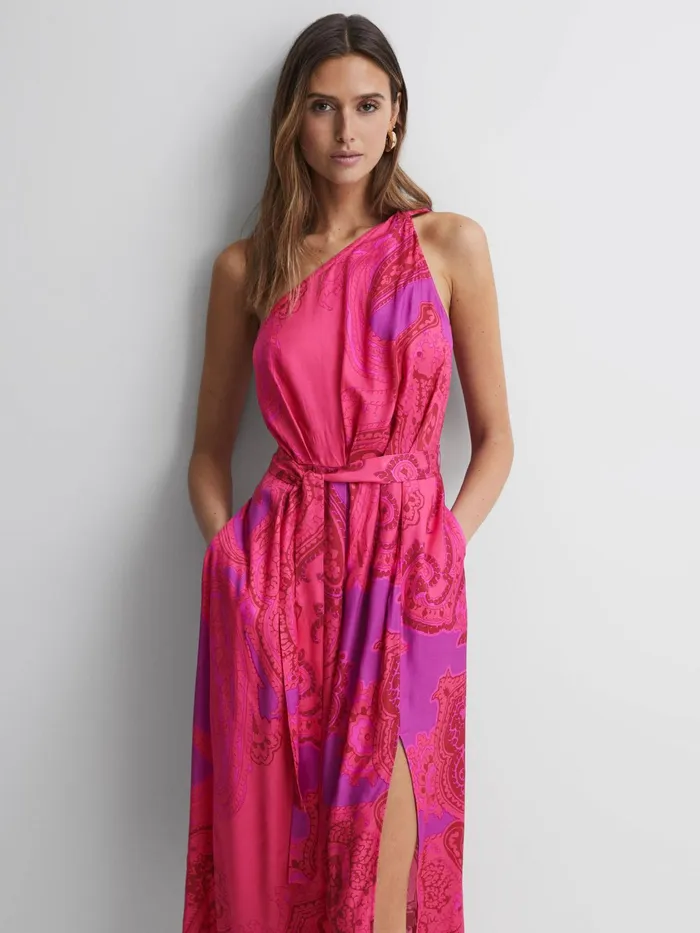 Reiss Dresses Mila One Shoulder Paisley Maxi Dress Pink 8211 Women