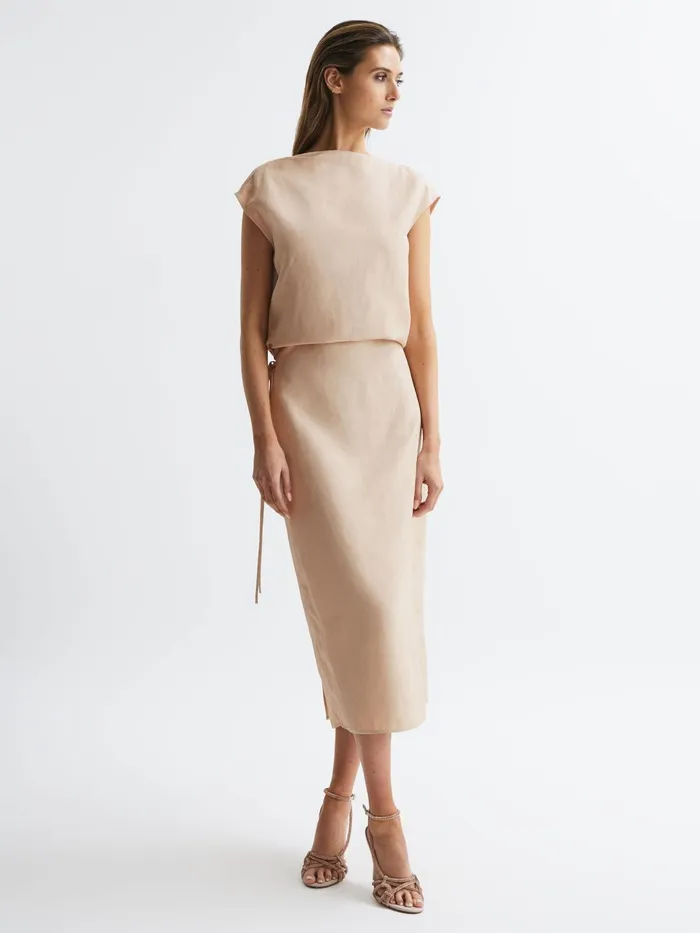 Reiss Dresses Paloma Linen Blend OpenBack Midi Dress Nude 8211 Women