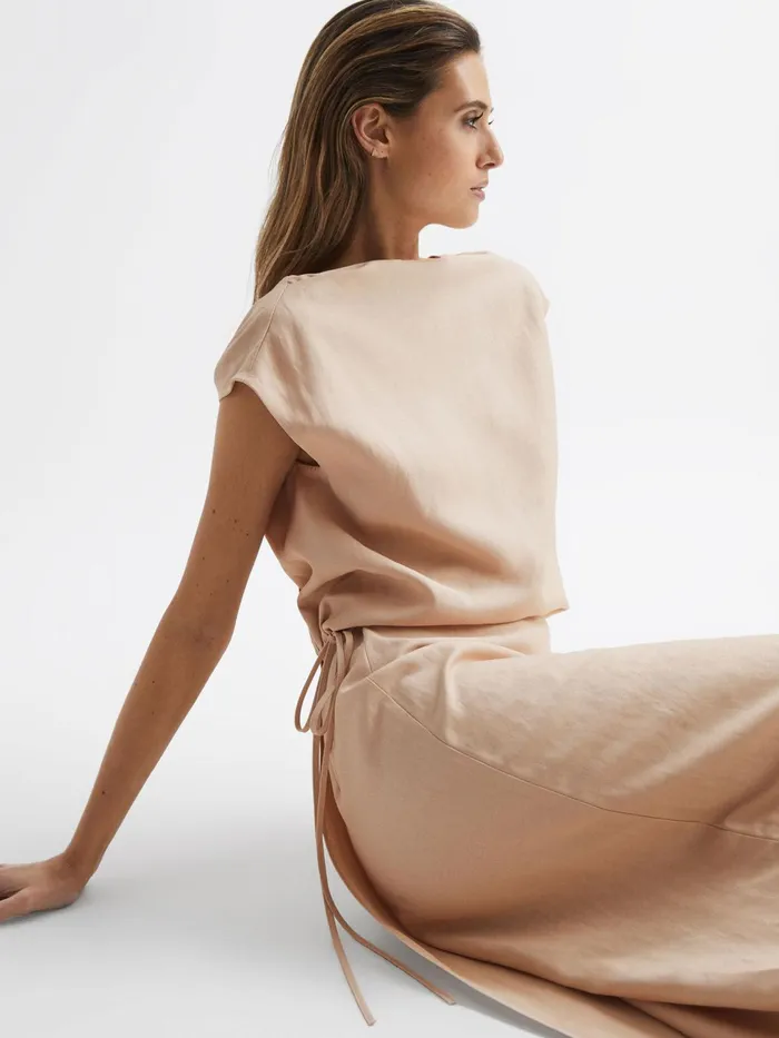 Reiss Dresses Paloma Linen Blend OpenBack Midi Dress Nude 8211 Women
