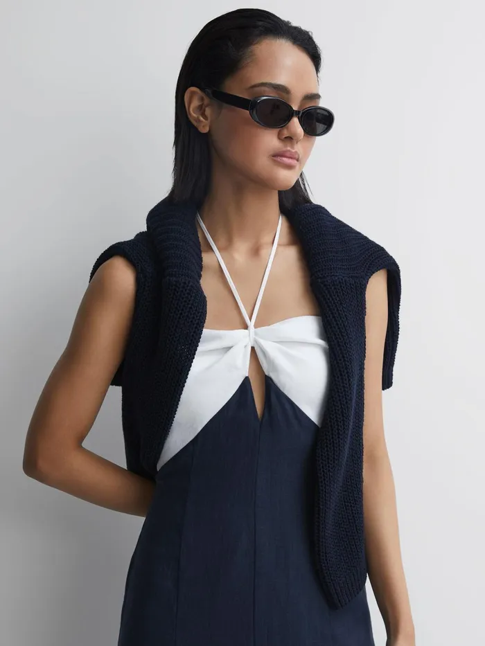 Reiss Dresses Sian Linen Colour Block Midi Dress Navywhite 8211 Women