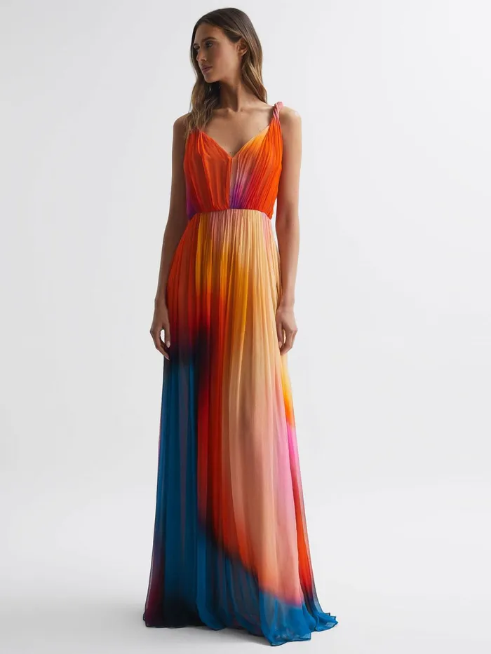 Reiss Dresses Stacia Halston Pleated Maxi Gown Sunset Abstract 8211 Women