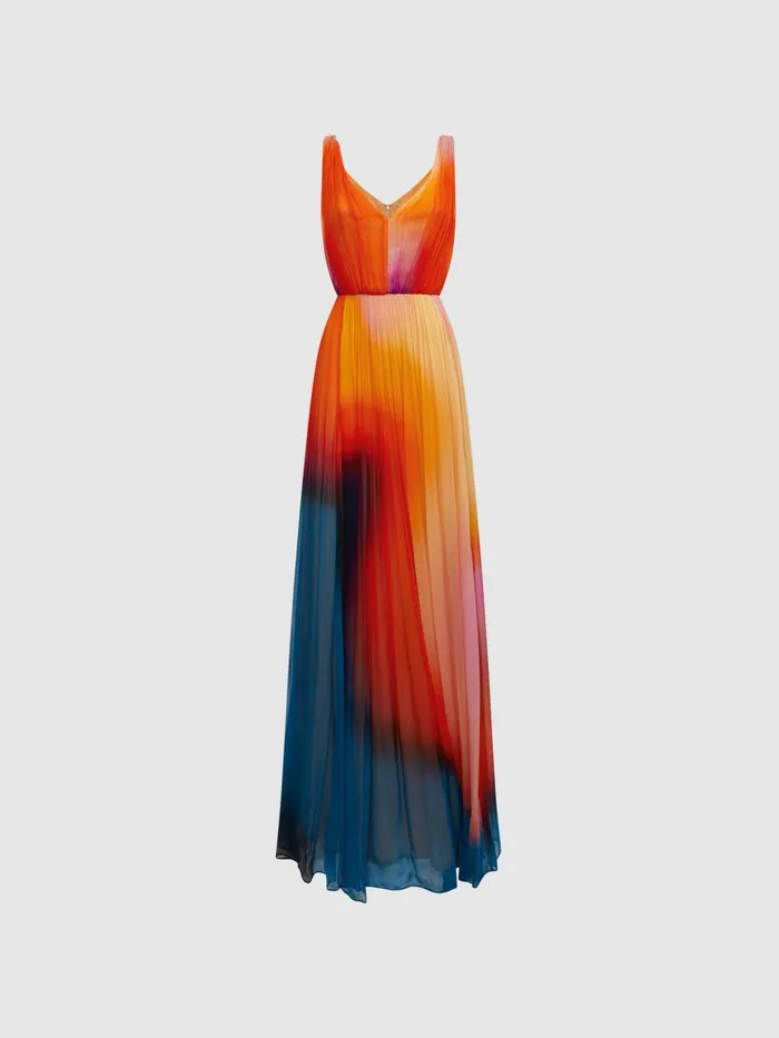 Reiss Dresses Stacia Halston Pleated Maxi Gown Sunset Abstract 8211 Women