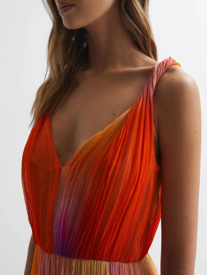 Reiss Dresses Stacia Halston Pleated Maxi Gown Sunset Abstract 8211 Women