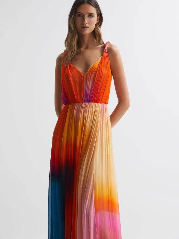 Reiss Dresses Stacia Halston Pleated Maxi Gown Sunset Abstract 8211 Women