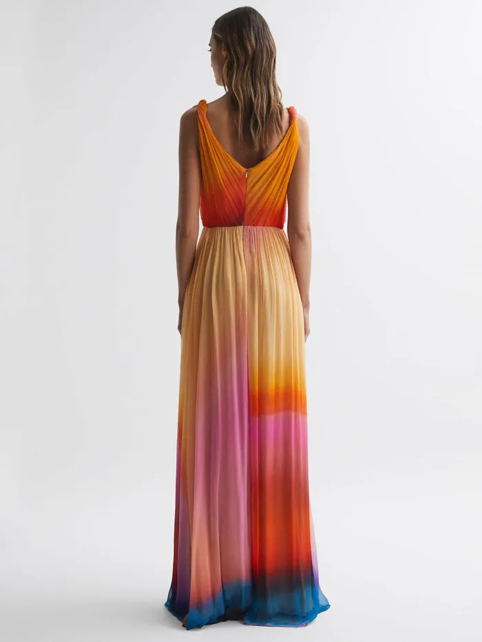 Reiss Dresses Stacia Halston Pleated Maxi Gown Sunset Abstract 8211 Women