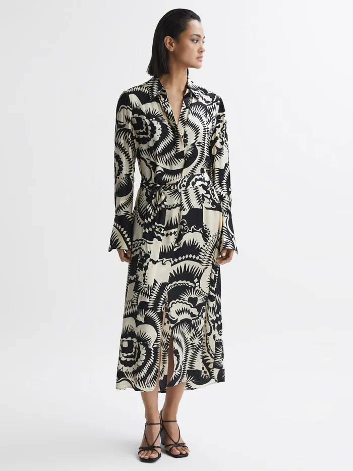 Reiss Dresses Tilly Printed Long Sleeve Midi Dress Blackwhite 8211 Women