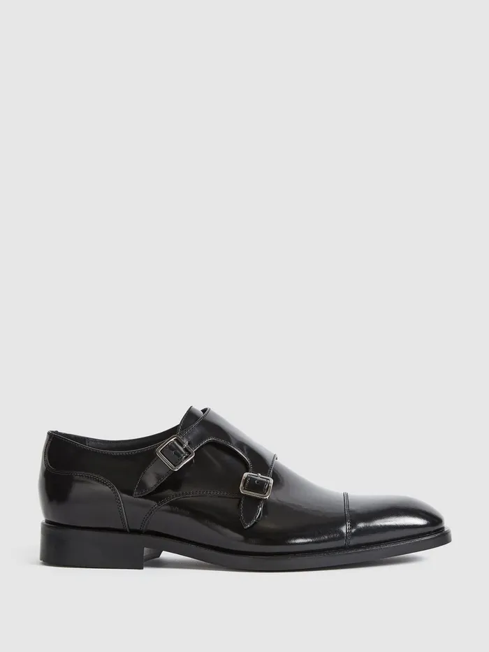 Reiss Formal Shoes Rivington High Shine Leather Monk Strap Shoes Black 8211 Men