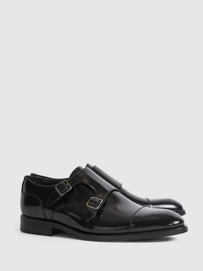 Reiss Formal Shoes Rivington High Shine Leather Monk Strap Shoes Black 8211 Men