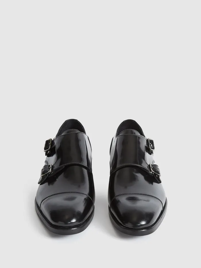 Reiss Formal Shoes Rivington High Shine Leather Monk Strap Shoes Black 8211 Men