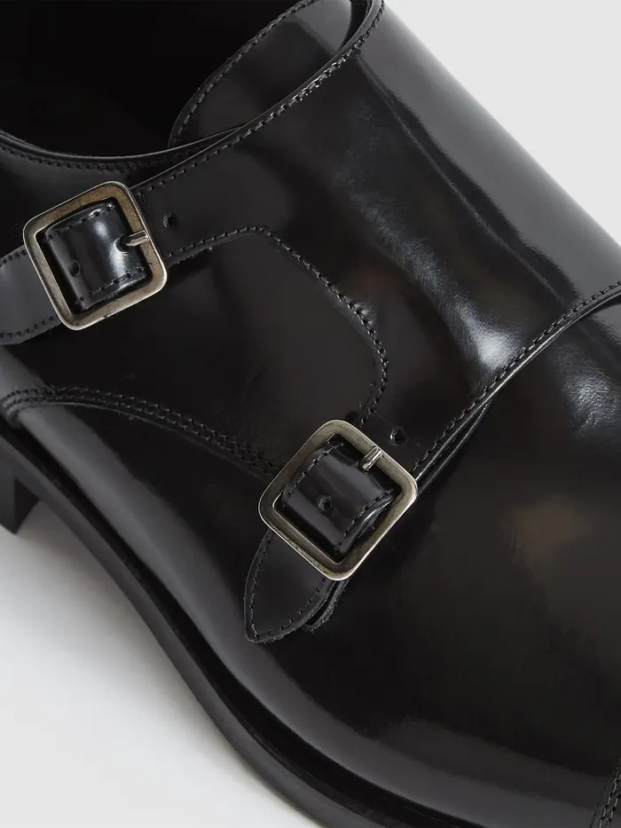 Reiss Formal Shoes Rivington High Shine Leather Monk Strap Shoes Black 8211 Men