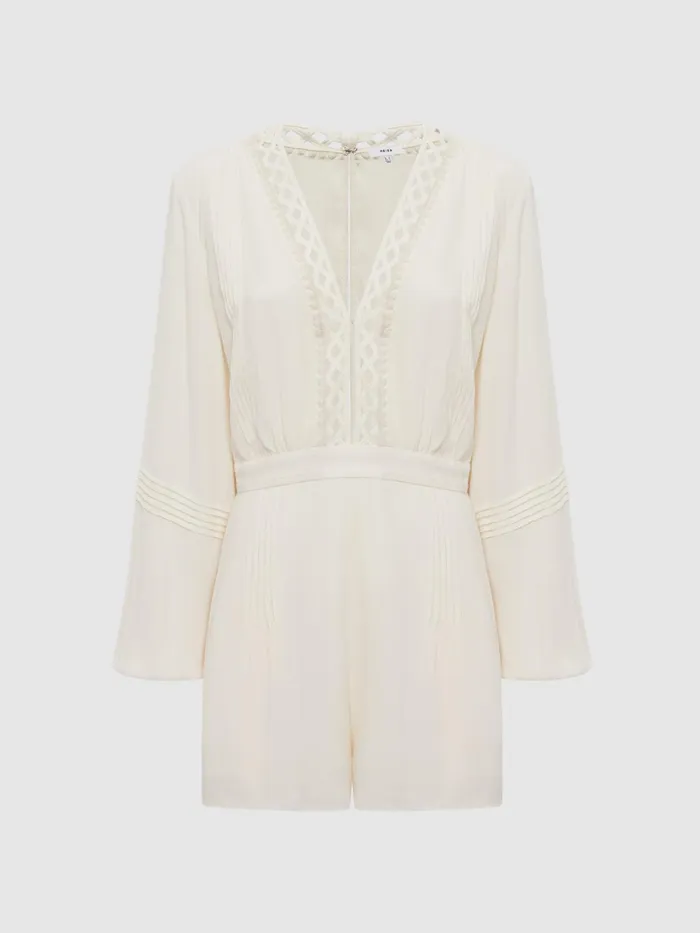 Reiss Jumpsuits Rachelle Long Sleeve Lattice Playsuit Cream 8211 Women