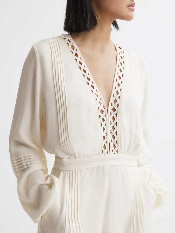 Reiss Jumpsuits Rachelle Long Sleeve Lattice Playsuit Cream 8211 Women
