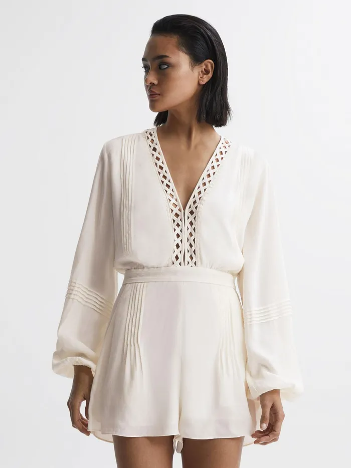 Reiss Jumpsuits Rachelle Long Sleeve Lattice Playsuit Cream 8211 Women