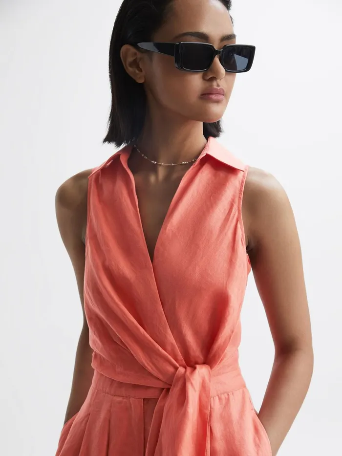 Reiss Jumpsuits Suki Sleeveless Linen Playsuit Coral 8211 Women