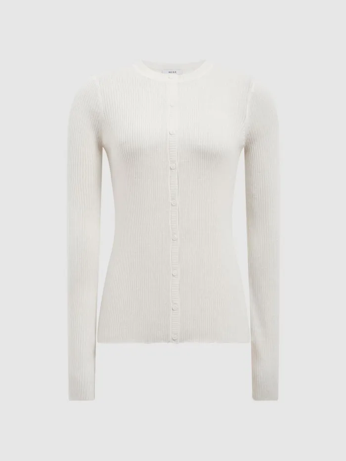 Reiss Knitwear Arabella Silk Wool Blend Ribbed Cardigan Ivory 8211 Women