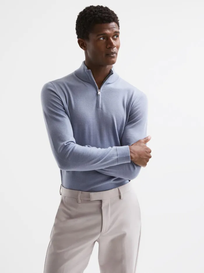 Reiss Knitwear Blackhall Merino Wool Zip Neck Jumper Dove Blue 8211 Men