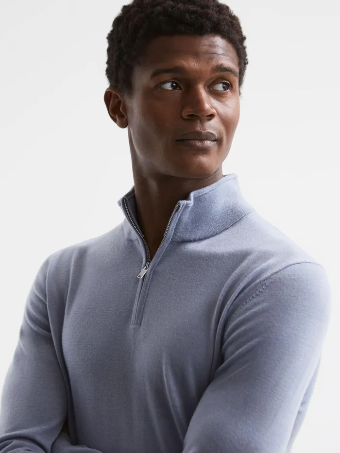 Reiss Knitwear Blackhall Merino Wool Zip Neck Jumper Dove Blue 8211 Men