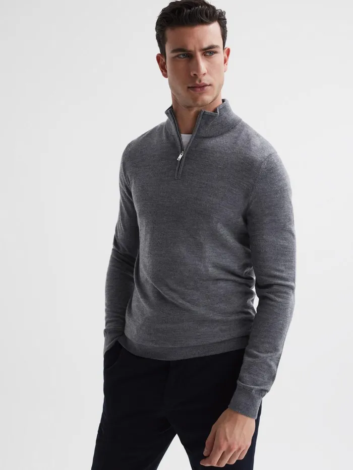 Reiss Knitwear Blackhall Merino Wool Zip Neck Jumper Mid Grey Melange 8211 Men