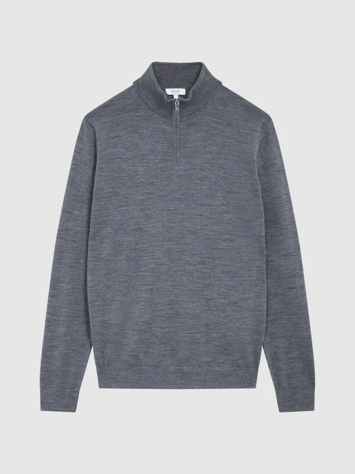 Reiss Knitwear Blackhall Merino Wool Zip Neck Jumper Mid Grey Melange 8211 Men