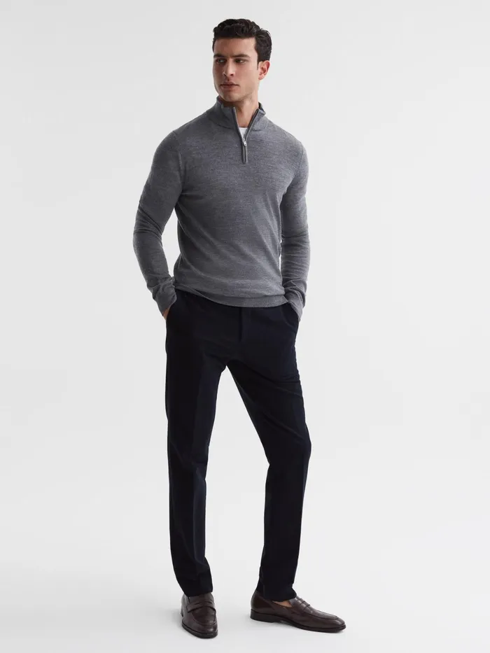 Reiss Knitwear Blackhall Merino Wool Zip Neck Jumper Mid Grey Melange 8211 Men